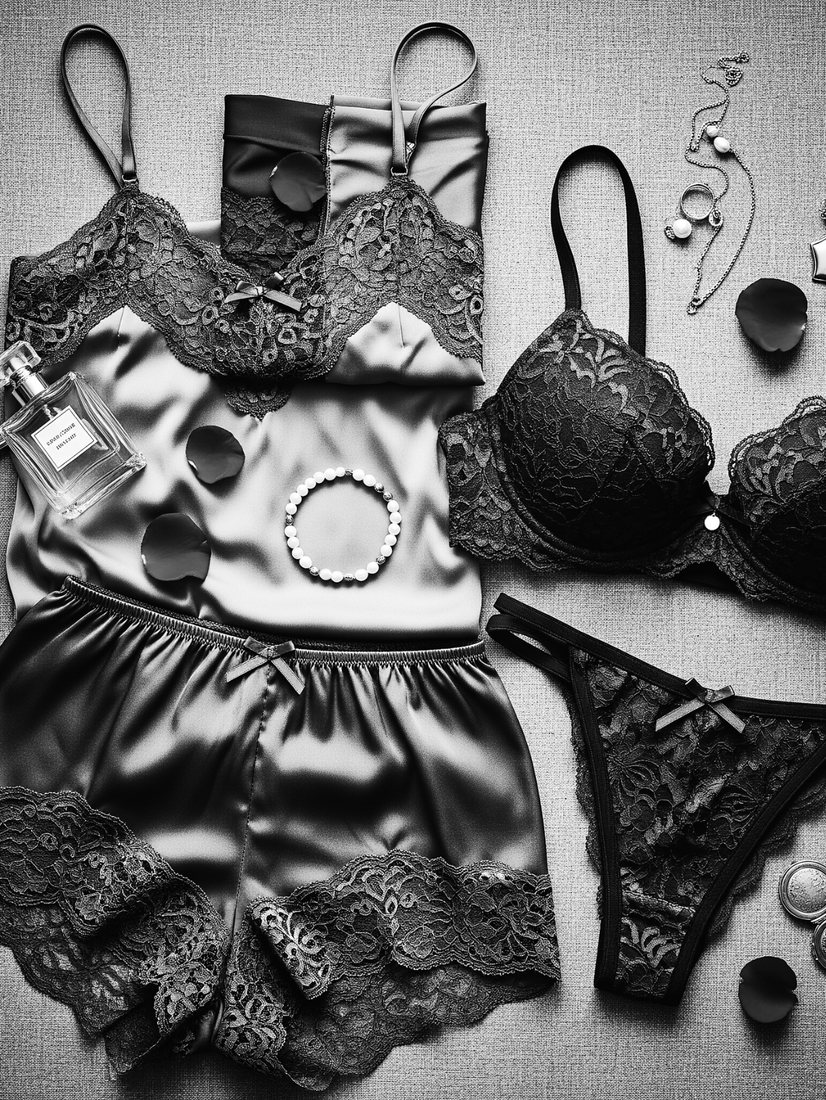 Lenjerie fină și accesorii, flat-lay alb-negru — Demeter Studios