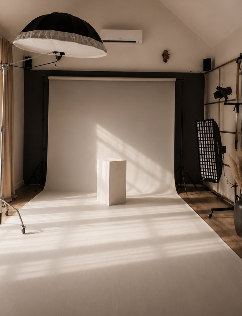 Studioul foto Demeter — fundal alb, lumină de studio