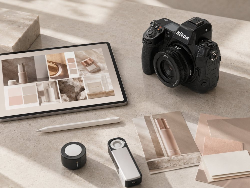 Design grafic — moodboard de branding pe tabletă cu aparat foto
